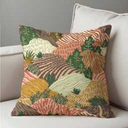 Botanical Landscape Cushion Cover, Earth Tone Nature Throw Pillow Forest Hills Pattern Case, Modern Boho Sofa Decor - thumbnail 2