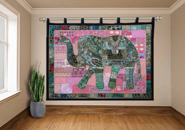 Vintage Patchwork Elephant Wall Hanging Hand-Embroidered Beaded Tapestry - image 1