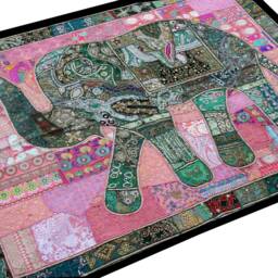 Vintage Patchwork Elephant Wall Hanging Hand-Embroidered Beaded Tapestry - thumbnail 2