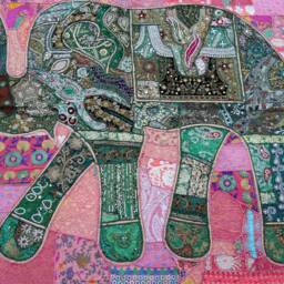 Vintage Patchwork Elephant Wall Hanging Hand-Embroidered Beaded Tapestry - thumbnail 3