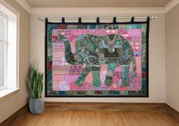 Vintage Patchwork Elephant Wall Hanging Hand-Embroidered Beaded Tapestry