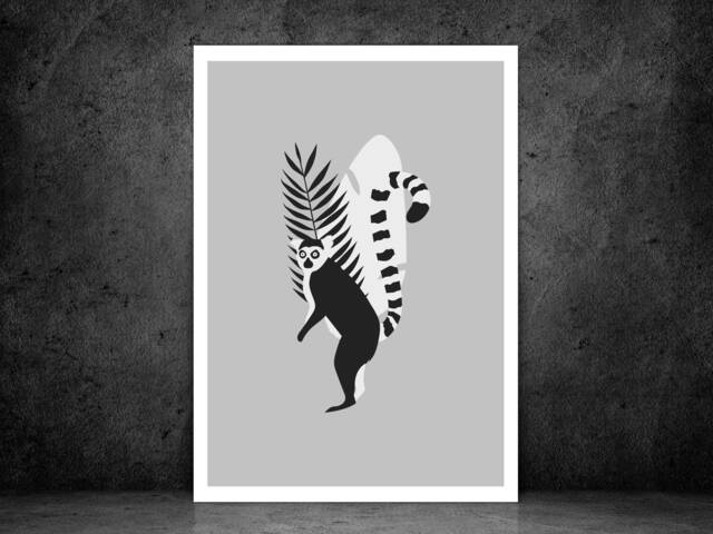 Monochrome Lemur - Animal Print Modern Poster Home Decor Gift Bespoke A5 A4 A3 Framed - image 1