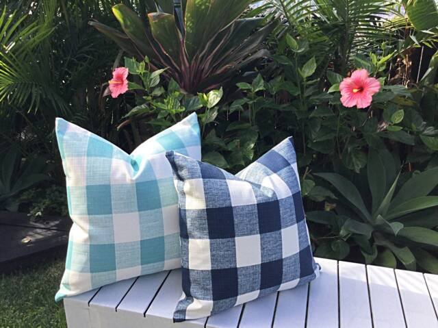 Buffalo Check Outdoor Pillow Cover Turquoise & Navy Coastal Cushion - image 1