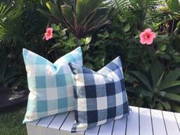 Buffalo Check Outdoor Pillow Cover Turquoise & Navy Coastal Cushion - thumbnail 1