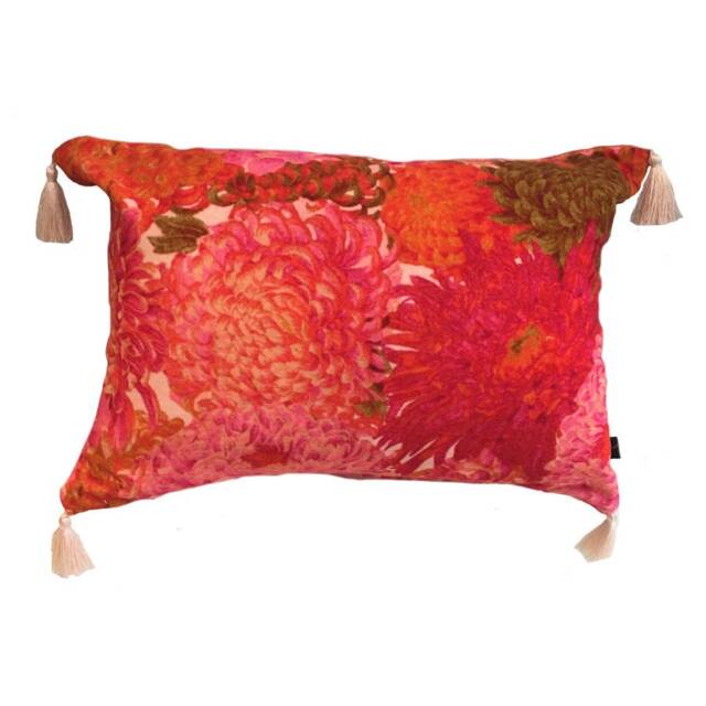 Pink & Orange Floral Velvet Cushion, Chrysanthemum Print, Tassel Trim, Measures 35x50cm - image 1