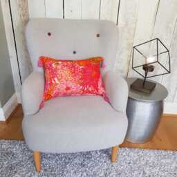 Pink & Orange Floral Velvet Cushion, Chrysanthemum Print, Tassel Trim, Measures 35x50cm - thumbnail 4