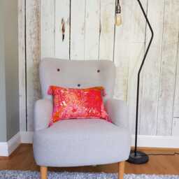 Pink & Orange Floral Velvet Cushion, Chrysanthemum Print, Tassel Trim, Measures 35x50cm - thumbnail 2
