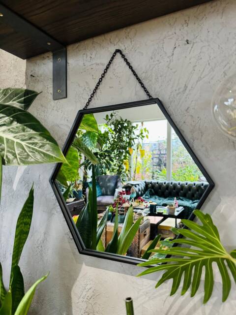 Hexagonal Black Mirror - Trendy Home Decor Industrial Wall Hanging Mirror Hexagon Matt Black Large Size Solid Metal Chain - image 1