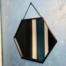 Hexagonal Black Mirror - Trendy Home Decor Industrial Wall Hanging Mirror Hexagon Matt Black Large Size Solid Metal Chain - thumbnail 2