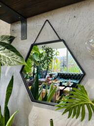 Hexagonal Black Mirror - Trendy Home Decor Industrial Wall Hanging Mirror Hexagon Matt Black Large Size Solid Metal Chain