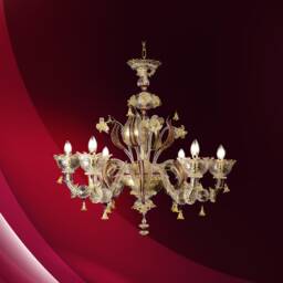 Murano Chandelier 6 Lights Crystal Gold Ruby Visconti