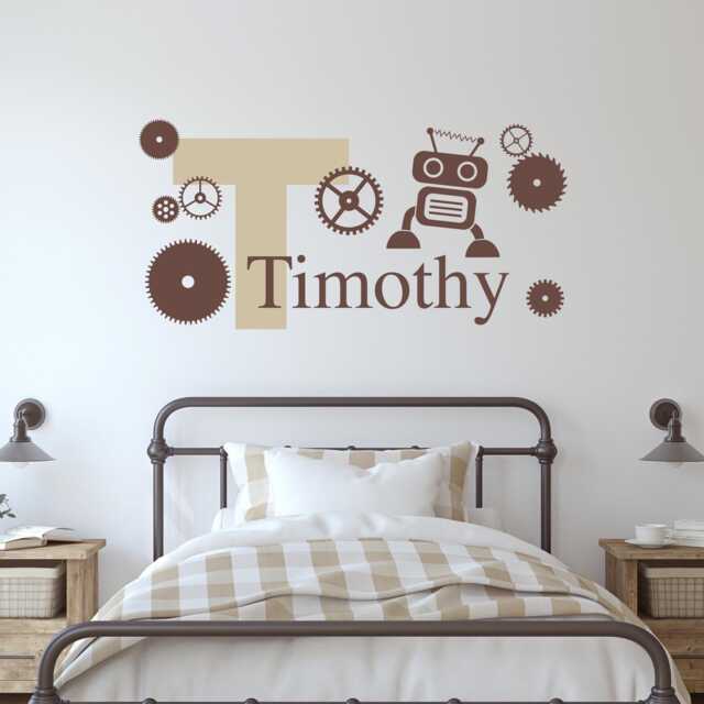 Personalized Robot Decal Set - Gears, Initial, Boy's Name & Wall Decor - image 1