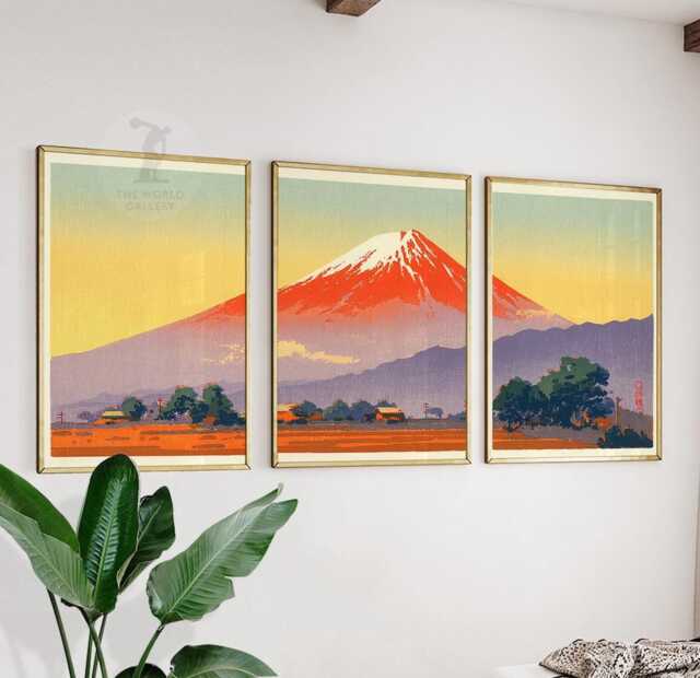 Mount Fuji Wall Art Set Of 3 - Japanese Landscape Print in Red & Gold Traditional Mountain Artwork Oriental Home Decor - image 1