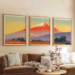 Mount Fuji Wall Art Set Of 3 - Japanese Landscape Print in Red & Gold Traditional Mountain Artwork Oriental Home Decor - thumbnail 3