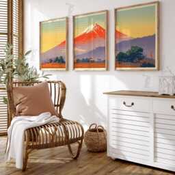 Mount Fuji Wall Art Set Of 3 - Japanese Landscape Print in Red & Gold Traditional Mountain Artwork Oriental Home Decor - thumbnail 2