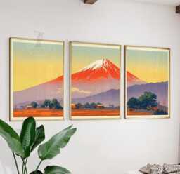 Mount Fuji Wall Art Set Of 3 - Japanese Landscape Print in Red & Gold Traditional Mountain Artwork Oriental Home Decor - thumbnail 1