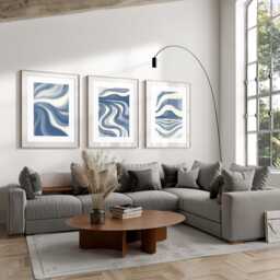 Set Of 3, Geometric Abstract Art, Blue Neutral Beige, Living Room Wall Art Poster Prints Home Decor, A5, A4, A3 A2 A1 Sizes, Fast Delivery - thumbnail 2