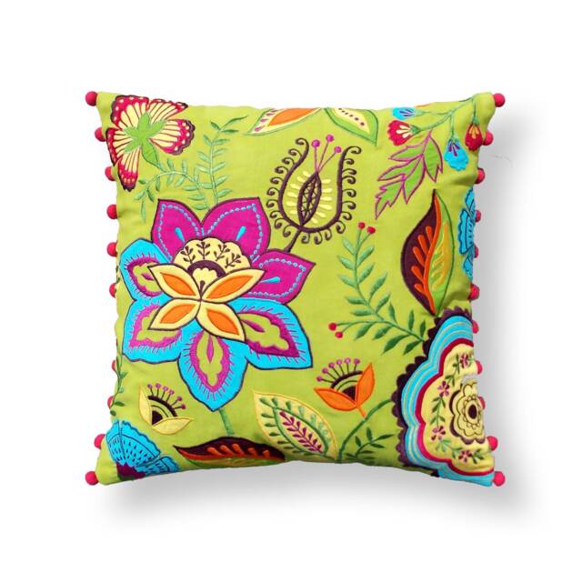 Green Cushion Cover, Stylized Floral, Embroidered, Appliqued, Boho Decor, 16x16 Pillow Cover
