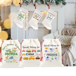 Personalized Christmas Stocking & Santa Sack Set - Dinosaur, Spacemen & Cars Designs For Boys Girls - thumbnail 2