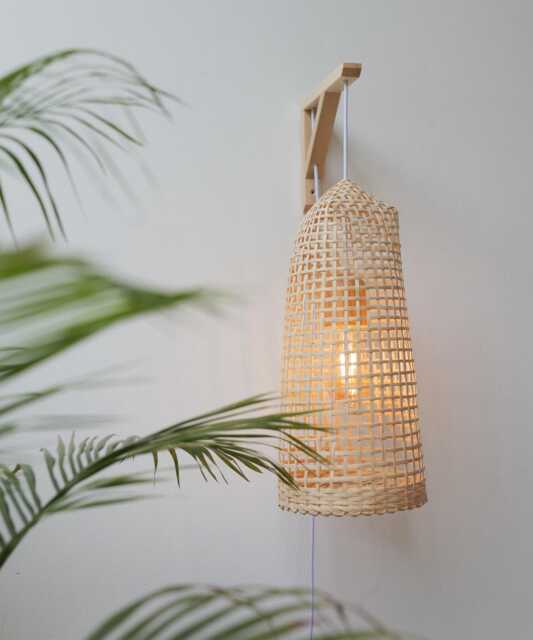 Plug-In Woven Wall Mounted Pendant Light Natural Bamboo Wood Tall Long Boho Sconce Lampshade - image 1