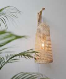 Plug-In Woven Wall Mounted Pendant Light Natural Bamboo Wood Tall Long Boho Sconce Lampshade - thumbnail 1