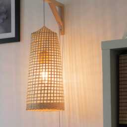 Plug-In Woven Wall Mounted Pendant Light Natural Bamboo Wood Tall Long Boho Sconce Lampshade - thumbnail 2