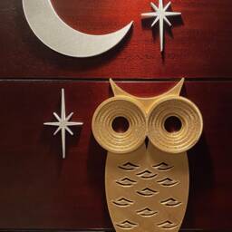 Mid Century Modern Owl With Moon & Elongated Starbursts - 3D Printed. Painted Gold/Silver Or Unpainted Black~ Wall Art/Decor - thumbnail 2