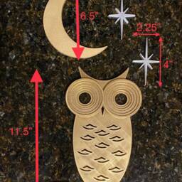 Mid Century Modern Owl With Moon & Elongated Starbursts - 3D Printed. Painted Gold/Silver Or Unpainted Black~ Wall Art/Decor - thumbnail 3