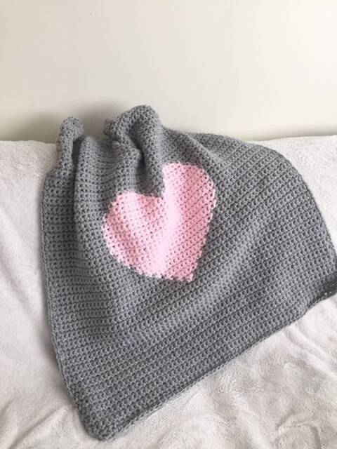 Heart Baby Blanket. Crochet Pink Heart Pink & Grey Girls Nursery Decor. Newborn Girls - image 1