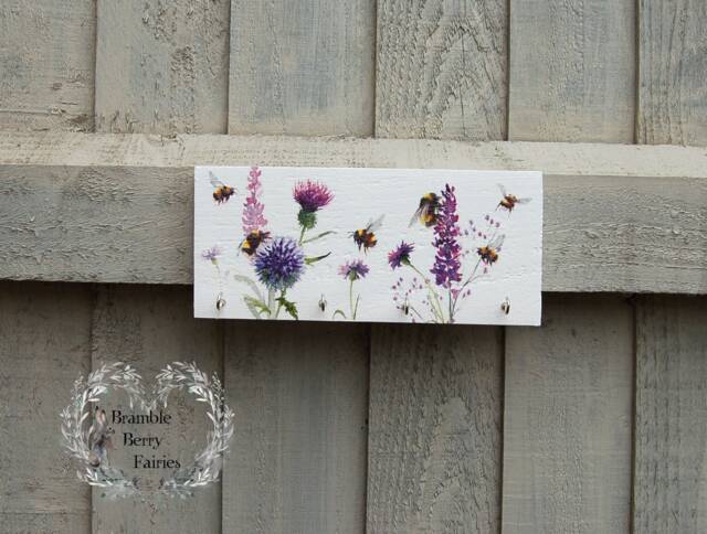 Bees & Lavender Purple Wild Flowers Thistle Key Hook Rack Necklace Jewellery Hanger Organiser Tea Towel Holder Dog Lead - image 1