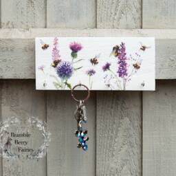 Bees & Lavender Purple Wild Flowers Thistle Key Hook Rack Necklace Jewellery Hanger Organiser Tea Towel Holder Dog Lead - thumbnail 2