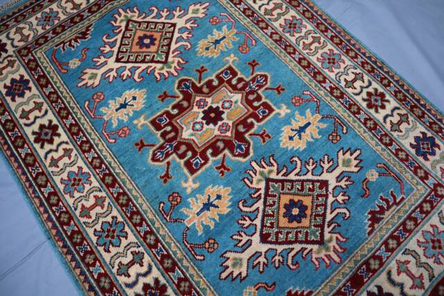 3x5 Kazak Area Rug - Blue Tribal Caucasian Afghan Hand Knotted Veg Dyes Wool Geometric Bedroom Kitchen Oriental Boho - image 1