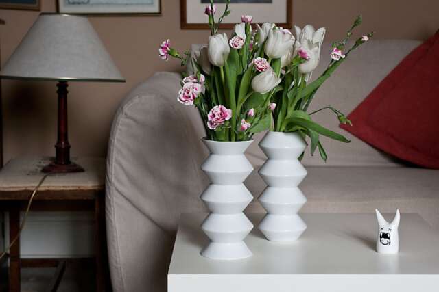 Handmade White Porcelain Flower Vases Geometric Zig Zag Design - image 1