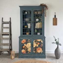 Rustic Glass Display Cabinet Painted Blue & Floral - thumbnail 2