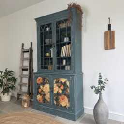 Rustic Glass Display Cabinet Painted Blue & Floral - thumbnail 3