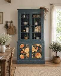 Rustic Glass Display Cabinet Painted Blue & Floral - thumbnail 1