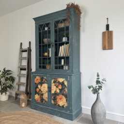 Rustic Glass Display Cabinet Painted Blue & Floral - thumbnail 4