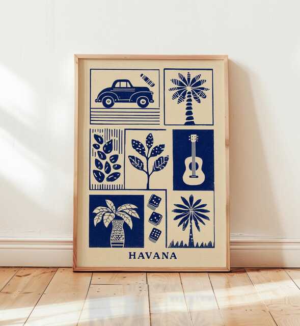 Havana Linocut Art Print, Modern Cuban Poster, Minimalist Tropical Wall Art, Blue & Beige Travel Retro Boho Home Decor - image 1