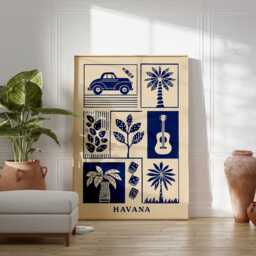 Havana Linocut Art Print, Modern Cuban Poster, Minimalist Tropical Wall Art, Blue & Beige Travel Retro Boho Home Decor - thumbnail 3