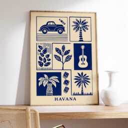 Havana Linocut Art Print, Modern Cuban Poster, Minimalist Tropical Wall Art, Blue & Beige Travel Retro Boho Home Decor - thumbnail 2