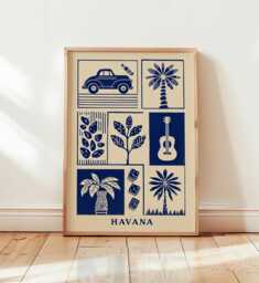 Havana Linocut Art Print, Modern Cuban Poster, Minimalist Tropical Wall Art, Blue & Beige Travel Retro Boho Home Decor - thumbnail 1