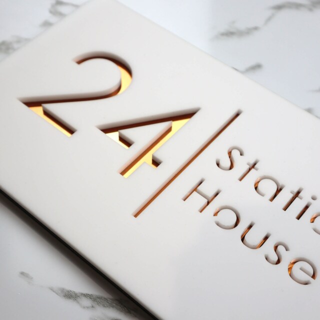 K Smart Sign - Bellissima H2 Laser Cut Matt White & Copper Mirror Floating House Door Numbers Plaque 300mm X 160mm - image 1