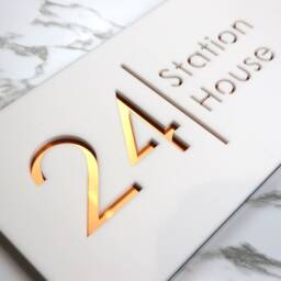 K Smart Sign - Bellissima H2 Laser Cut Matt White & Copper Mirror Floating House Door Numbers Plaque 300mm X 160mm - thumbnail 3