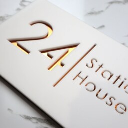 K Smart Sign - Bellissima H2 Laser Cut Matt White & Copper Mirror Floating House Door Numbers Plaque 300mm X 160mm - thumbnail 1