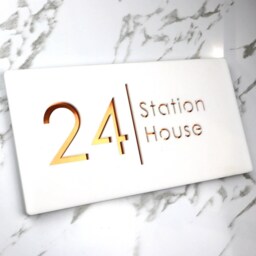 K Smart Sign - Bellissima H2 Laser Cut Matt White & Copper Mirror Floating House Door Numbers Plaque 300mm X 160mm - thumbnail 2