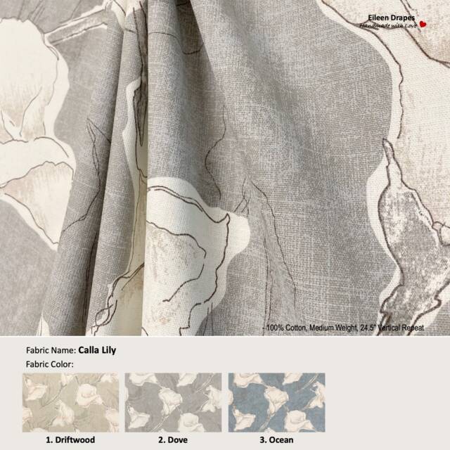 Calla Lily 3 Colors Watercolor Daylily Floral Flower Gray Blue Cotton Curtain, Valance Pleated, Lined Drapery Panel Offered As Upgrades - image 1