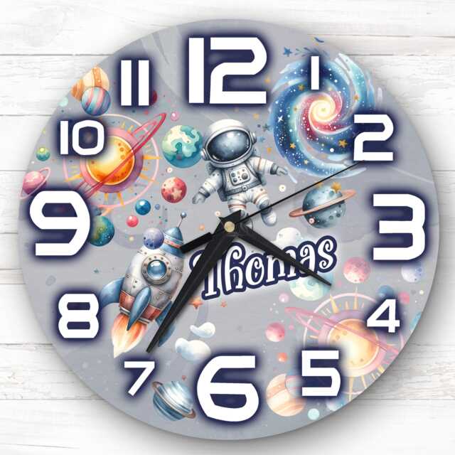 Boy's Space Rocket Astronaut Personalised Gift For Kid's Bedroom Clock - Kids Clock, Children's , Custom Wall - image 1