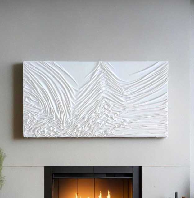 Original White Fabric Textured Abstract Canvas Painting, Large Plaster Wall Art - image 1