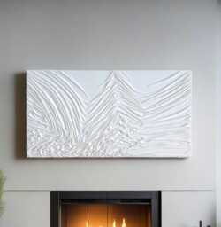 Original White Fabric Textured Abstract Canvas Painting, Large Plaster Wall Art - thumbnail 1