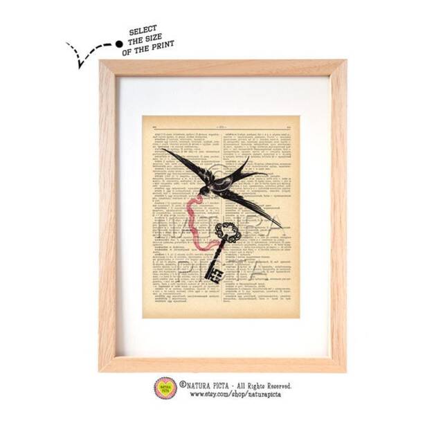 Swallow Bird & Key Art Print Antique Dictionary Page - image 1